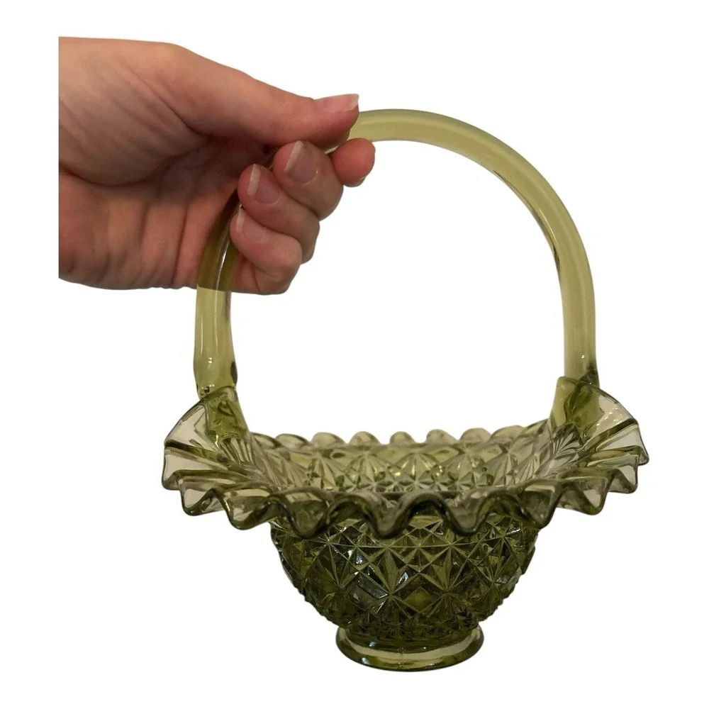 Vintage Fenton Diamond Weave Ruffle Trim Olde Virginia Glass Basket Home Décor